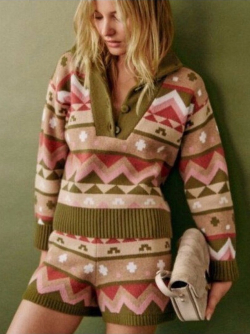 Sezane Olive, Pink & Cream Geometric Shawl-Collar Sweater - Picture 6 of 6